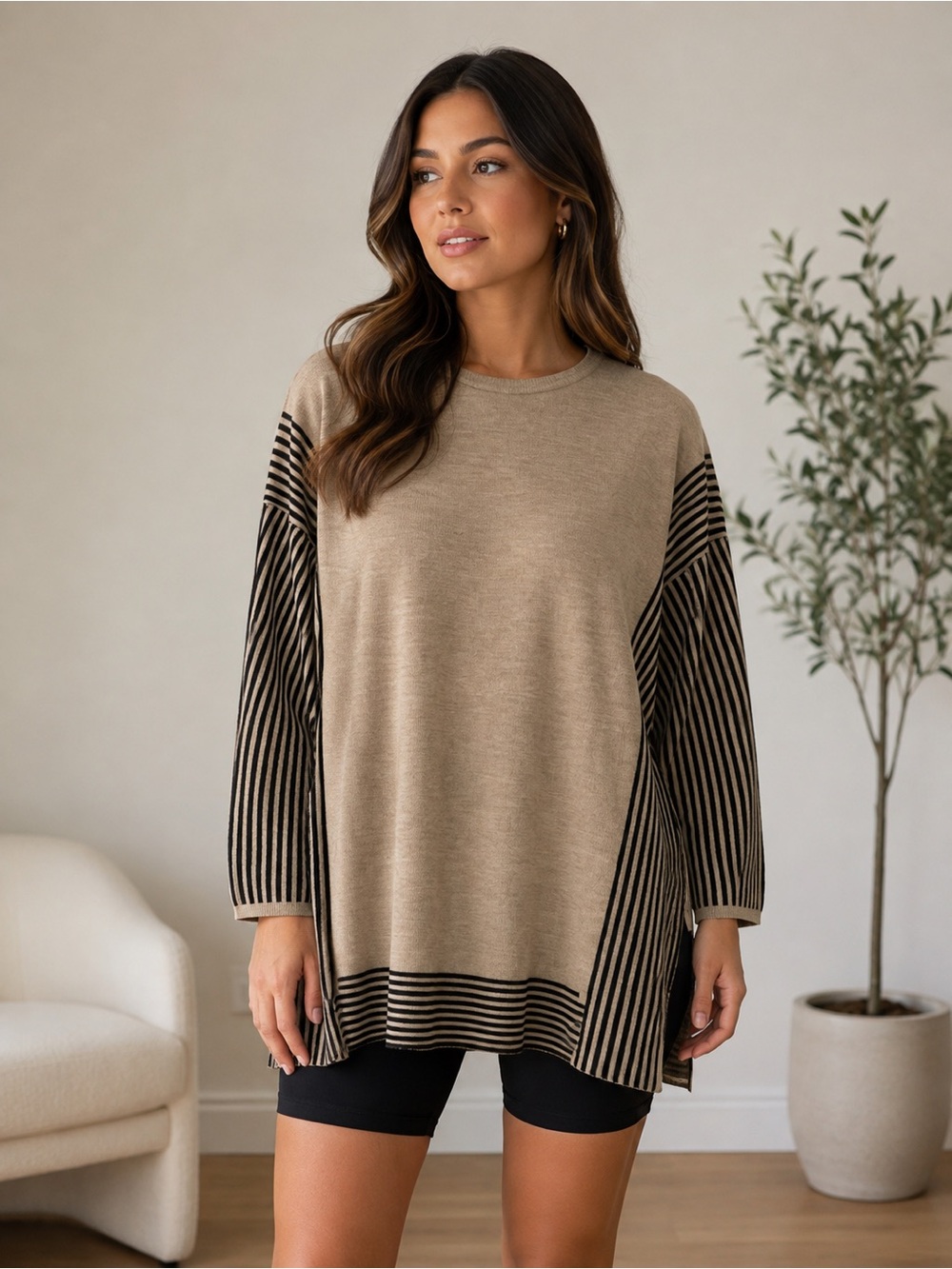 Alia Beige Striped Tunic Sweater Dress NWOT US 12-14